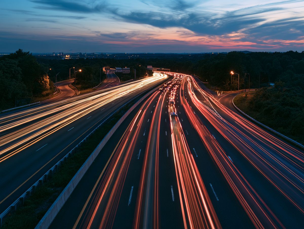 Highway traffic flowing fast at dusk